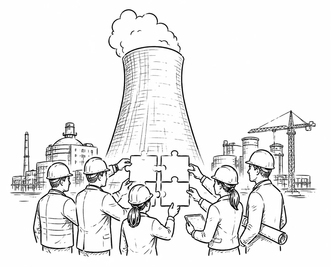 Illustration : équipe d'ingénieurs assemblant les pièces d'un puzzle devant une tour de refroidissement