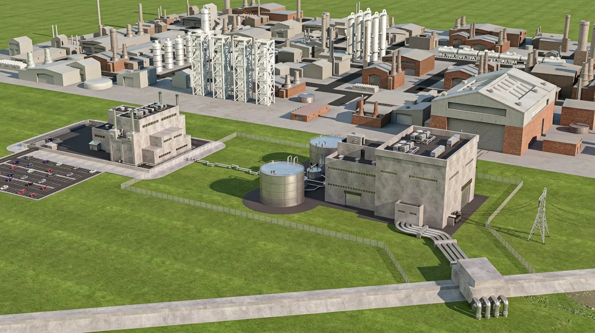 Vue aérienne 3D de l'installation nucléaire modulaire HEXANA