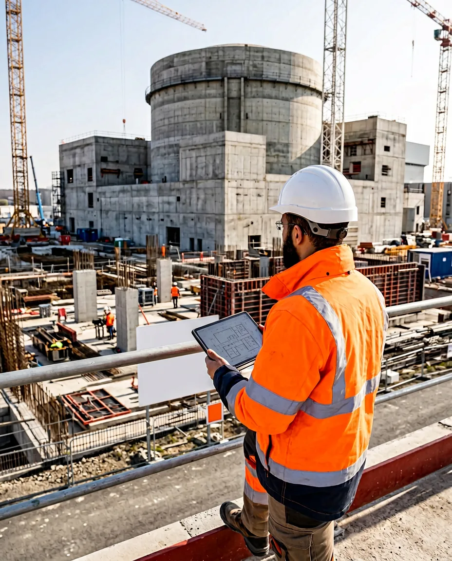 Ingénieur en tenue haute visibilité consultant une tablette sur un chantier de bâtiment réacteur