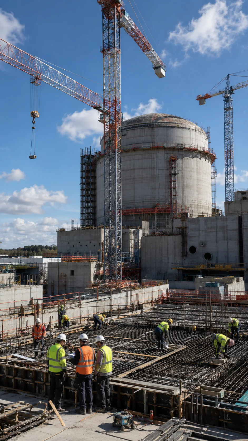 Chantier de génie civil nucléaire : grues et bâtiment réacteur en construction