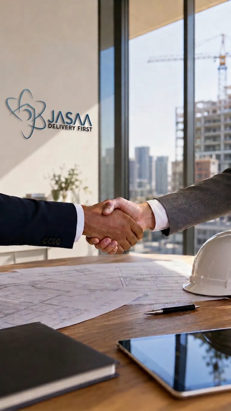Poignée de main entre deux partenaires devant des plans de construction