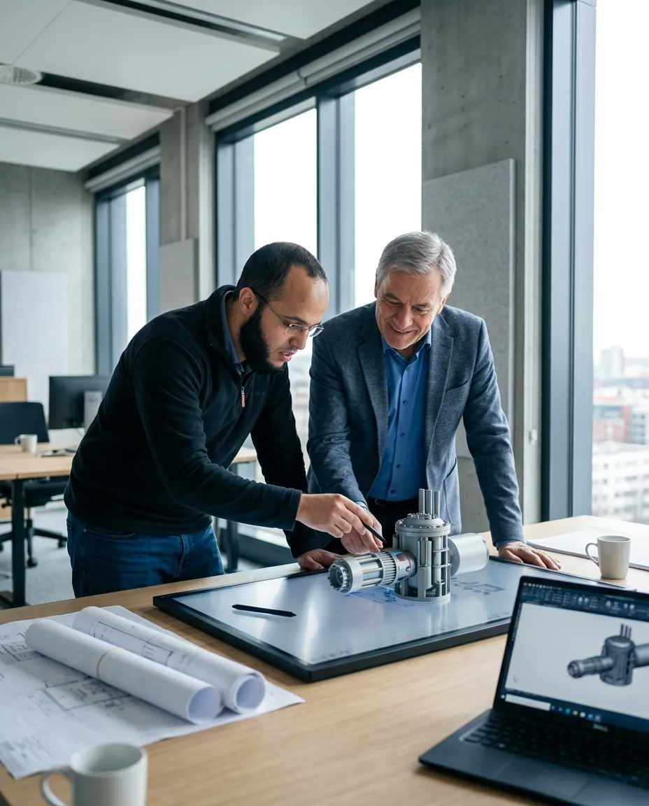 Deux ingénieurs analysant une maquette d'équipement nucléaire autour d'une table de travail